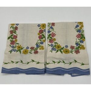 Pair Of Blue Trim Floral Linen Cloth Tea Towel Napkin Country Cottage Farmhouse